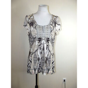 Engerge Womens Tunic TOP - Size PXL - Embroidered V-Neck Hi-Lo Print